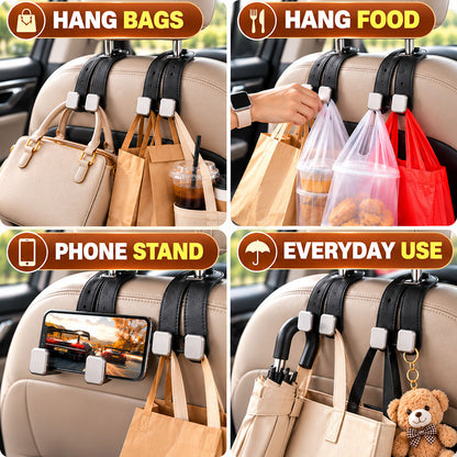 🥳2026 HOT SALE 🔥2-in-1 Leather Car Seat Hook & Phone Mount for Purses, Bags & Drinks