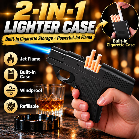 Lighter Gun with Cigarette Cases, Windproof Lighter, Jet Lighter, Refillable Butane Gas, Cool Windproof Jet Shape