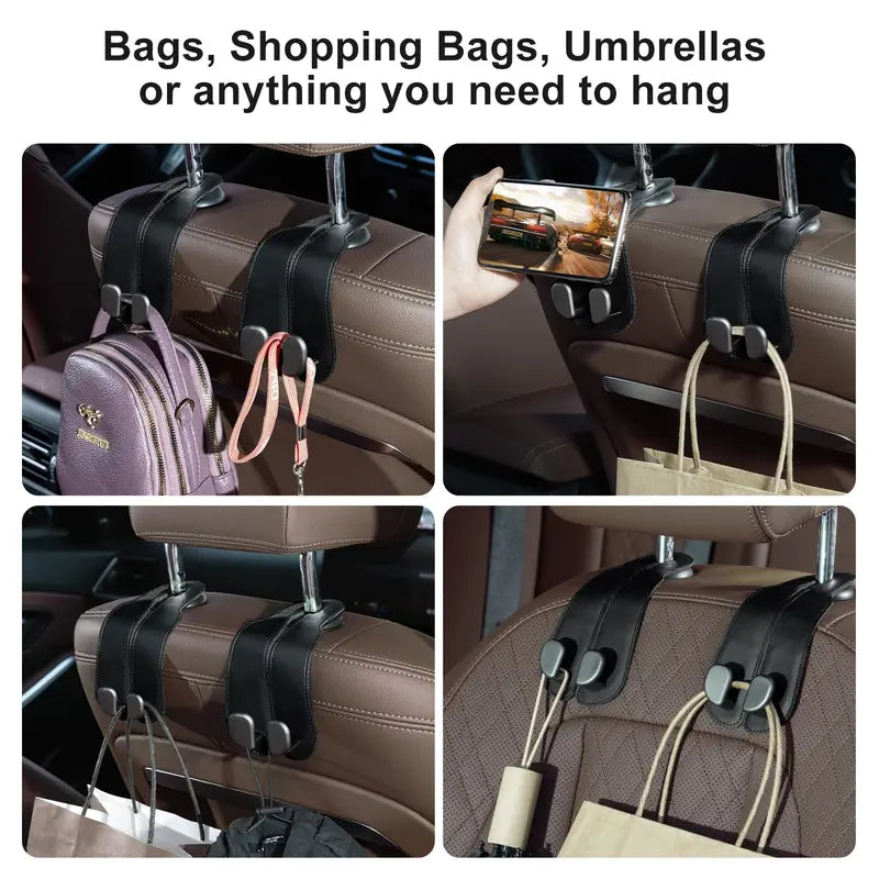 2-in-1 Leather Car Seat Hook & Phone Mount for Purses, Bags & Drinks (Offer)